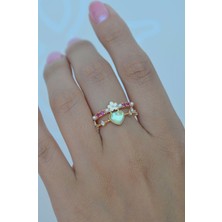 Sacce Scarves & Accessories İki Sıralı Kalpli Çiçekli Fuşya Taşlı Renkli Yüzük