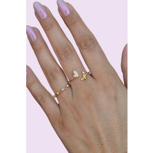 Sacce Scarves & Accessories Sıralı Kalpli ve Kelebek Figürlü Yüzük Ayarlanabilir Eklem Yüzüğü İnce Yüzük Seti Gold
