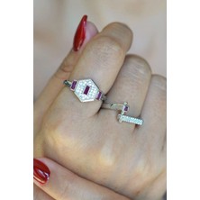 Sacce Scarves & Accessories Zirkon Taşlı Altıgen Model Yüzük Seti 2 Parça Gümüş Renk Fuşya Taşlı Retro Yüzük Seti