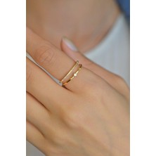 Sacce Scarves & Accessories İki Sıralı Gold İnce Yüzük Zirkon Taşlı Ayarlanabilir Gümüş Altın Renk