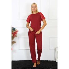 Ürün Cenneti Moda Çizgi Kadın Kolu Dantelli Penye Pijama Takım 4152