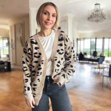 Bej Leopar Desenli Uzun Hırka