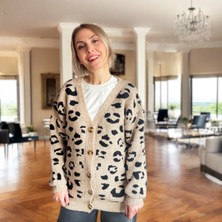 Bej Leopar Desenli Uzun Hırka