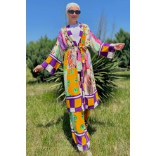 Julude Çiçek Desen Kimono Pantol Ikili Tesettür Takım