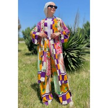 Julude Çiçek Desen Kimono Pantol Ikili Tesettür Takım