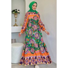 Julude Yarasa Kol Bel Bağlamalı Desenli Tesettür Visk Elbise