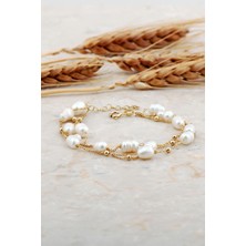 Sümer Telkari Inci Altın Kaplama Üç Sıra Gümüş Bileklik 4739