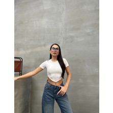 Msm Fashion Kadın Crop Tişört Kısa Kollu Bisiklet Yaka Dikiş Detaylı