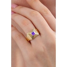 Fiyonk Kuyumculuk 14 Ayar Altın Kare Şeritli Ametist Taş Yüzük