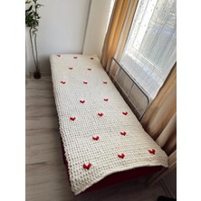 Simsibutik El Örgüsü Puffy Kalpli Tek Kişilik Battaniye