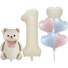 Sevimli Papyonlu Retro Ayı Yaş ve Kalp Folyo Balonlu Doğum Günü Parti Seti Süsü