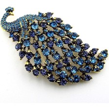 Solfera Büyük Boy Tavus Kuşu Mavi Zirkon Taşarla Süslü Metal Broş RZ255