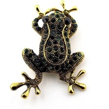 Solfera Kurbağa Yeşil Zirkon Taşlı Siyah Gözlü Yaka Iğnesi Metal Broş RZ279