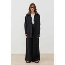 Keten Oversize Kuşaklı Gömlek - Siyah