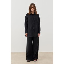 Keten Oversize Kuşaklı Gömlek - Siyah