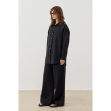 Keten Oversize Kuşaklı Gömlek - Siyah