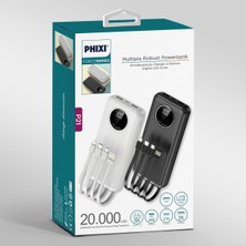 Phixi 5in1 Dahili Kablolu  Powerbank 6 Çıkışlı LCD Ekran 20.000MAH Taşınabilir Şarj Aleti Slım