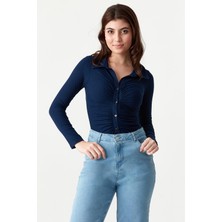 Kadın Önü Büzgü Detaylı Fitilli Alttan Çıtçıtlı Body