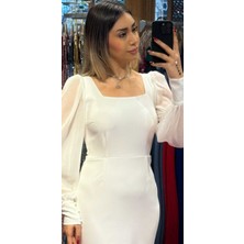 Beyaz Uzun Kollu Düz Kesim Krep Midi Abiye Elbise 7322