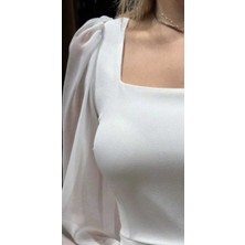 Beyaz Uzun Kollu Düz Kesim Krep Midi Abiye Elbise 7322