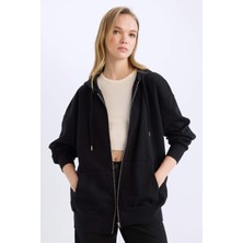 DeFacto 	Oversize Geniş Kalıp Kapüşonlu Cepli Basic Düz Fermuarlı Sweatshirt V4233AZ25SP