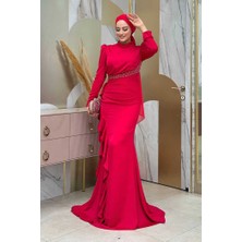 Bym Fashion Fırfır Detaylı Abiye Elbise 7011 Kırmızı