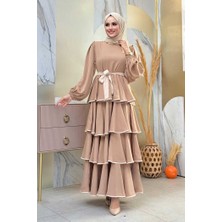 Bel Kuşaklı Kat Detay Elbise 6029 Vizon