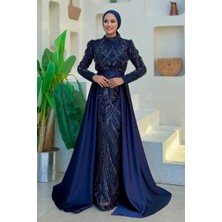 Bym Fashion Kuyruk Detay Taş İşlemeli Abiye Elbise 7025 Lacivert