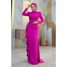 Bym Fashion Fırfır Detaylı Abiye Elbise 7011 Fuşya