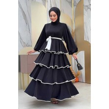 Bel Kuşaklı Kat Detay Elbise 6029 Siyah