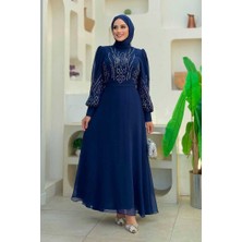 Bym Fashion Taş Detaylı Abiye Elbise 7022 Lacivert