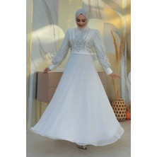 Bym Fashion Taş Detaylı Abiye Elbise 7022 Ekru