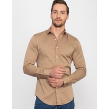 Tudors Slim Fit Uzun Kollu Likralı Düz Pamuk Saten Erkek Kahve Gömlek