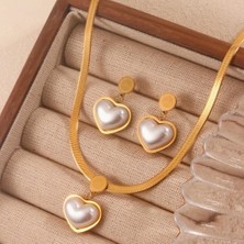 SE Jewellery Kadın Çelik Kalp Figürlü Italyan Model Zincirli Kolye Küpe Set