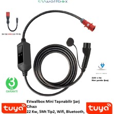 Evwallbox 22 Kw Taşınabilir 5mt Tip2 Kablo+Wifi+Bluetooth+Mobil Uygulama