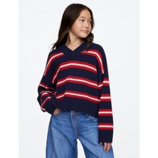 Kız Çocuk Lacivert Cashsoft Oversize V Yaka Kazak