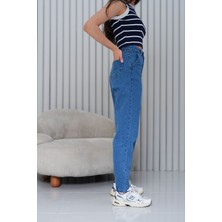 Mom Yüksek Bel Paça Pensli Jean Pantolon - Mavi 2042