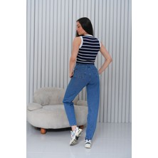 Mom Yüksek Bel Paça Pensli Jean Pantolon - Mavi 2042