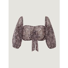 Rivus Düşük Omuzlu Fonksiyonel Bağlamalı Crop Bluz -Leopar Desenli