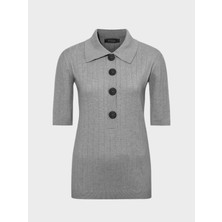 Rivus Düğmeli Yakalı Truvakar Kollu Örme Bluz - Gri