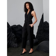 Rivus Kolsuz Ceket Yakalı Düğmeli Bel Dekolteli Şık Tulum -Siyah