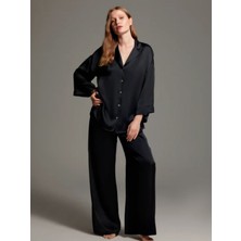 Loremp Saten Pijama Takım Gömlek Pantolon 2'li Set LP1421 Siyah
