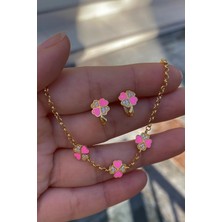 Gümüş Pembe Çocuk Yonca Küpe Bileklik Takım