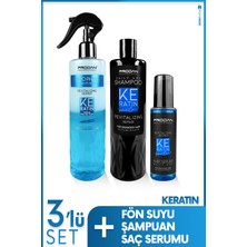 Keratin Fön Suyu 400ML, Şampuan 400ML ve Saç Serumu 100ML | Parlaklık Verici 3'lü Saç Bakım Seti