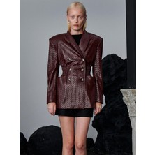 Beli Oturtmalı ve Düğmeli Vegan Örgü Deri Ceket - Bordo