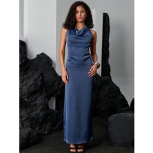 Beli Lastikli Maxi Boy Saten Etek - Mavi