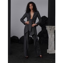 Önü Yırtmaç Detaylı Tasarım Pantolon - Füme