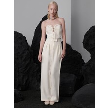 Yüksek Belli Nervür Dikişli Bol Paçalı Maxi Boy Pileli Pantolon - Ekru