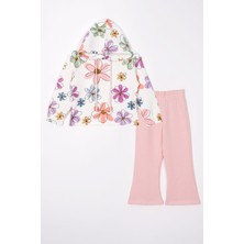 Zepkids Çicek Baskılı Kapüşonlu Ispanyol Paça Açık Pudra Renk Kız Çocuk Pantolon Takım