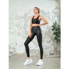 Lismina Siyah Deri Görünümlü Kumaş Spor Tayt